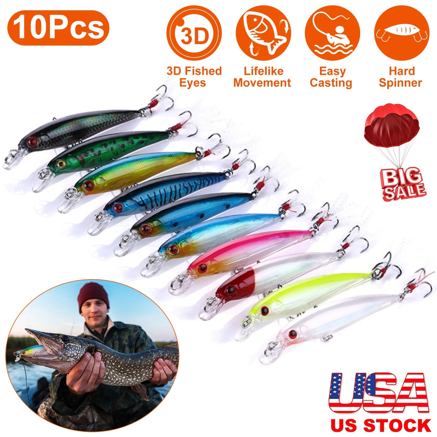 Rottco 10Pcs Fishing Lures Kit Spoon Lures Hard Spinner Baits