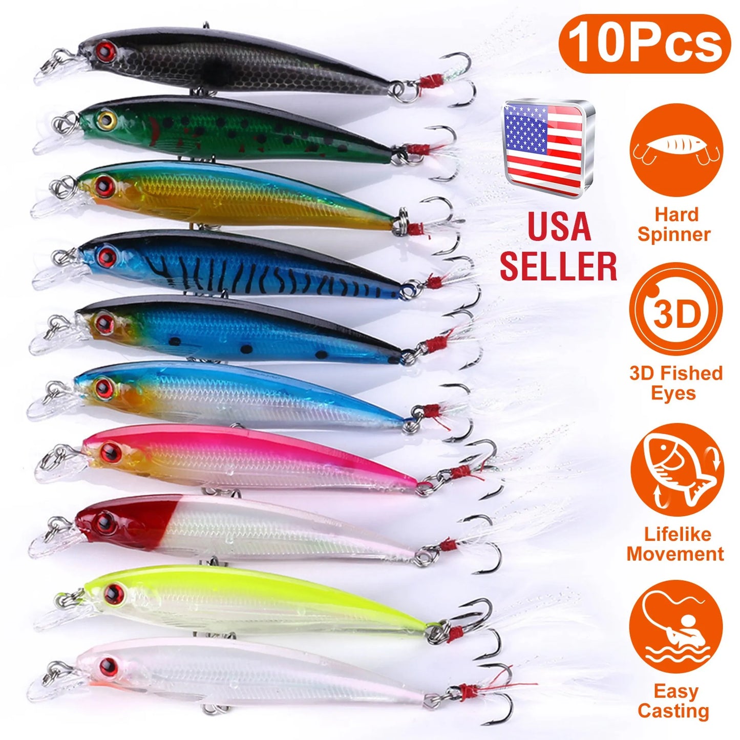 Rottco 10Pcs Fishing Lures Kit Spoon Lures Hard Spinner Baits