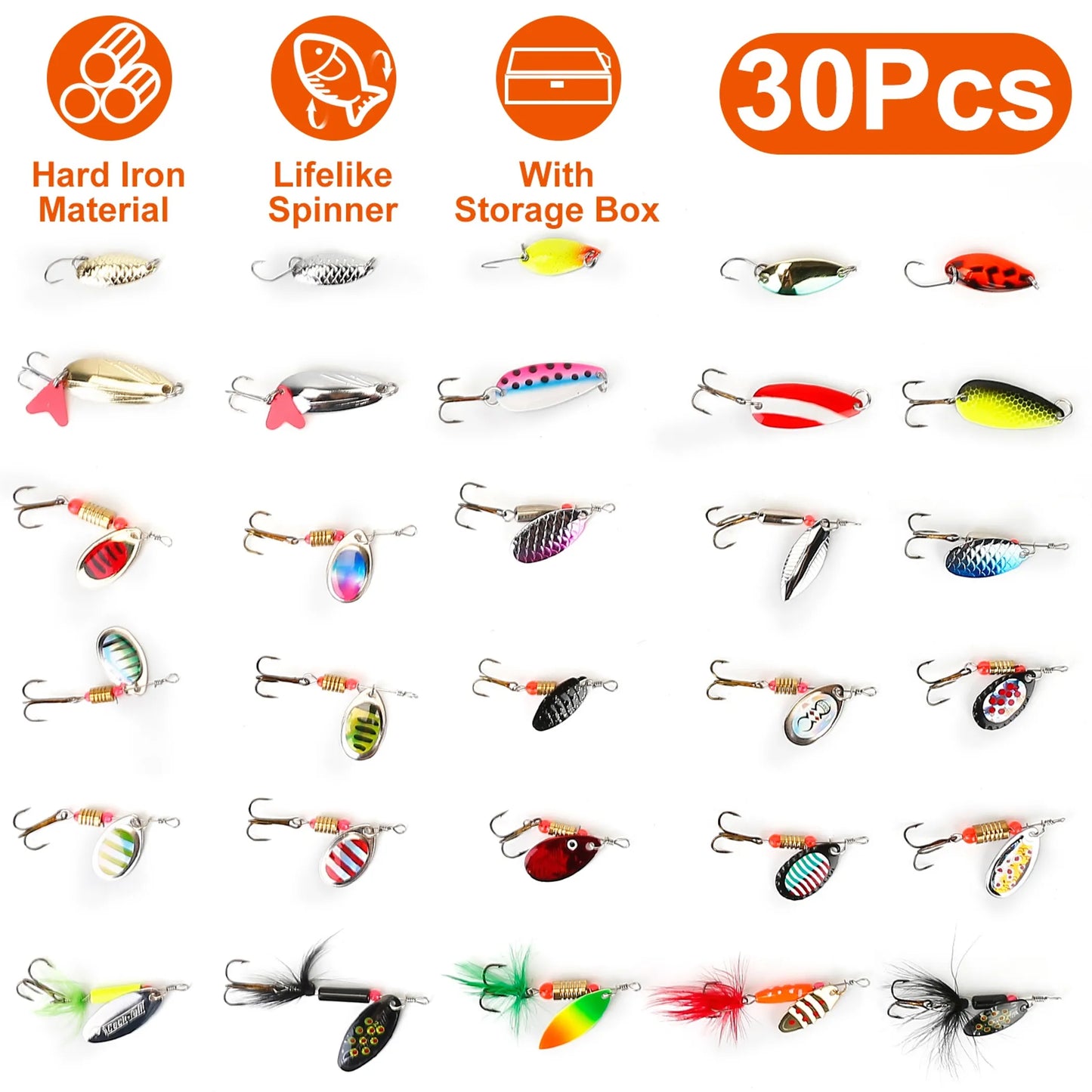 Rottco 30Pcs Fishing Lures Kit Metal Spoon Lures Hard Spinner