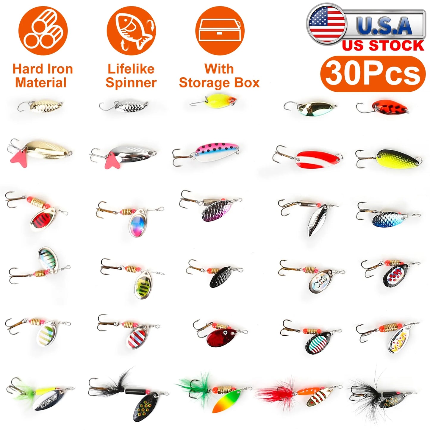Rottco 30Pcs Fishing Lures Kit Metal Spoon Lures Hard Spinner