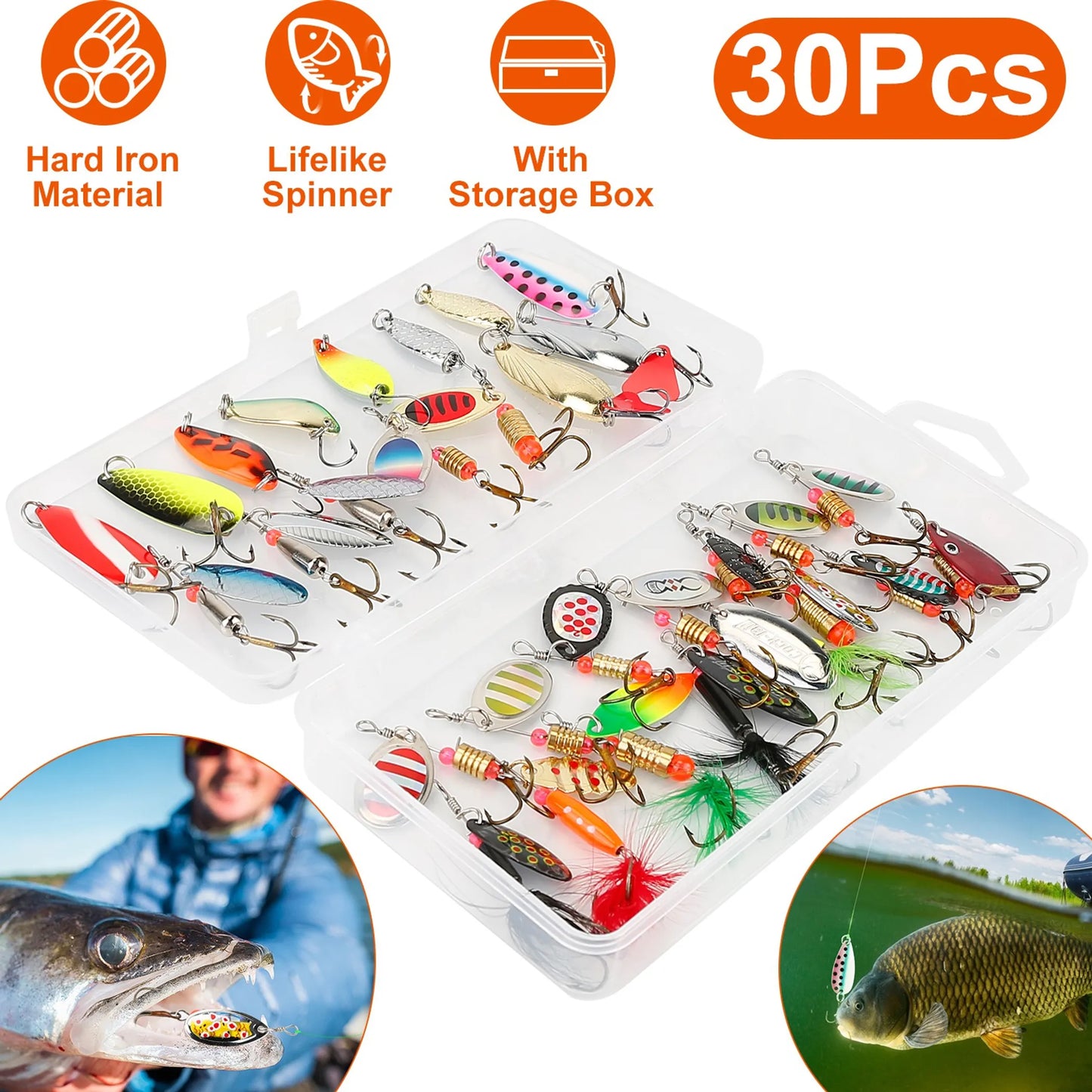 Rottco 30Pcs Fishing Lures Kit Metal Spoon Lures Hard Spinner