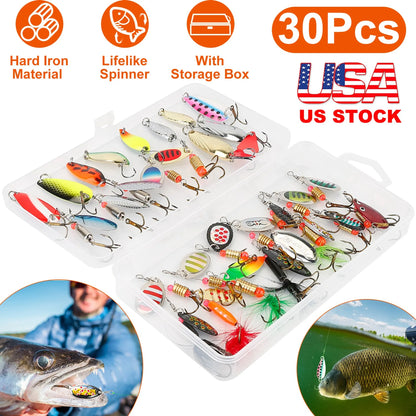 Rottco 30Pcs Fishing Lures Kit Metal Spoon Lures Hard Spinner