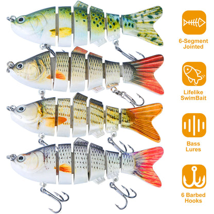 Rottco 4Pcs 10cm/20g Bass Fishing Lure 6 Segment Multi