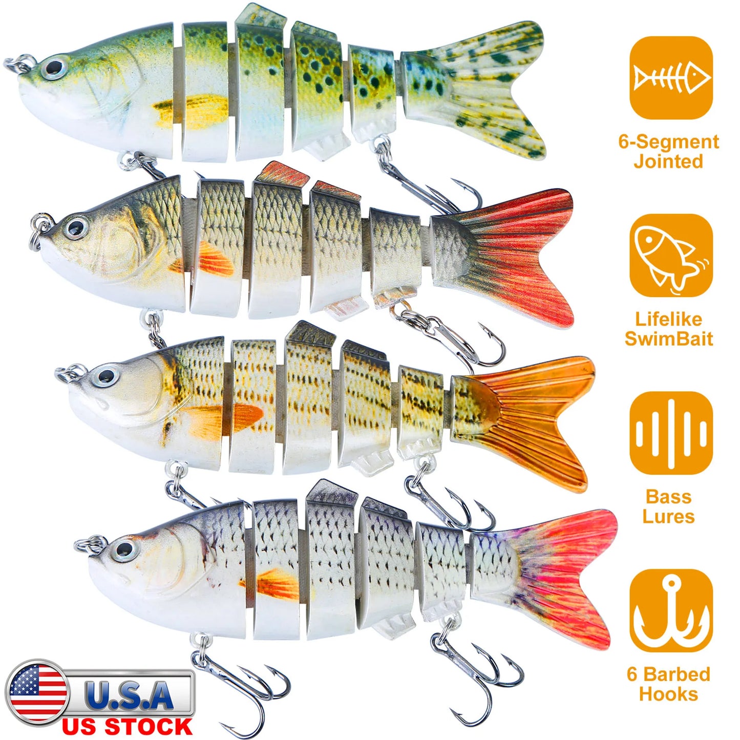 Rottco 4Pcs 10cm/20g Bass Fishing Lure 6 Segment Multi
